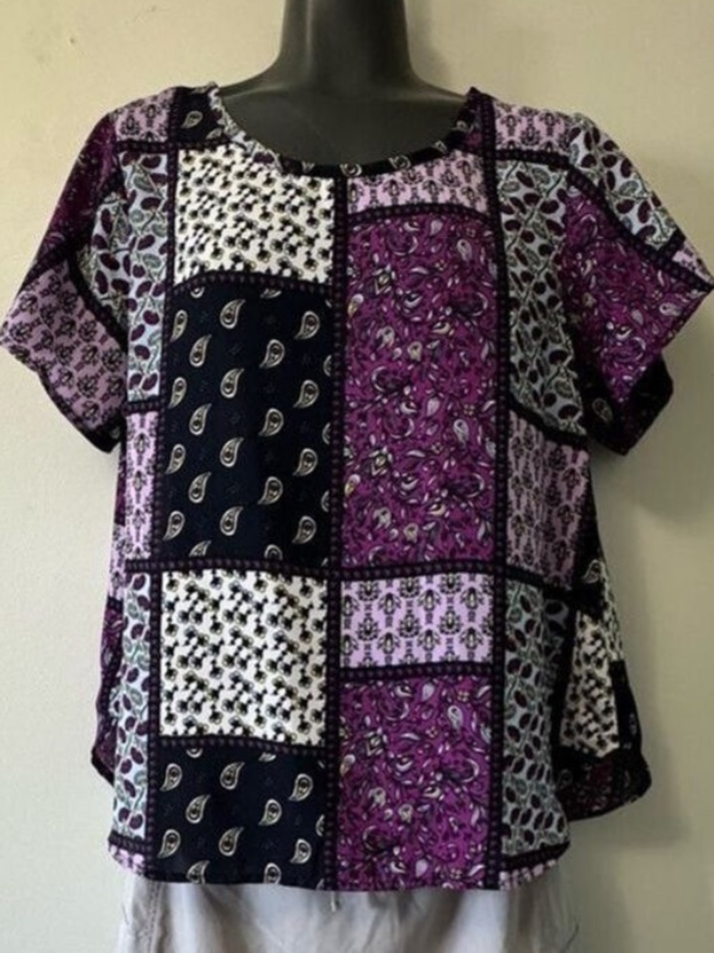 Christopher & Banks Purple and Black Boxy Short Sleeve Blouse Small